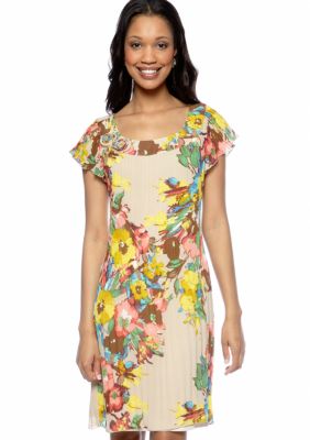 New Directions Flutter Sleeve Pleated Floral Print Dress