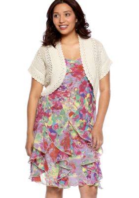New Directions Plus Size Sleeveless Floral Print Dress with Crochet Sweater