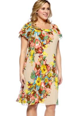 New Directions Plus Size Flutter Sleeve Pleated Floral Print Dress