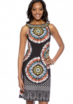 Tiana B Sleeveless Printed Shift Dress with Embellished Neckline