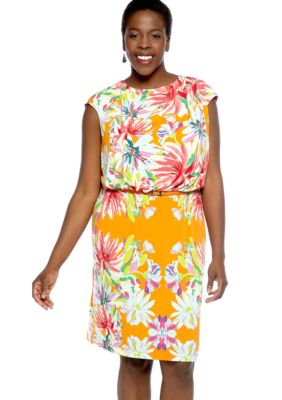 Tiana B Plus Size Cap-Sleeved Floral Print Belted Dress