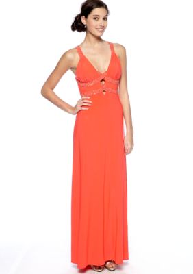 Morgan Long Jersey Gown with Crisscross Beaded Straps