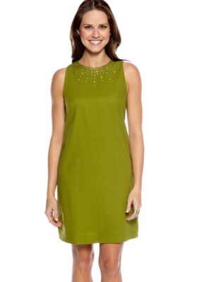 New Directions Sleeveless Shift Dress with Embellished Neckline