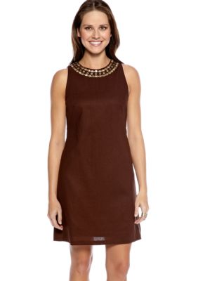 New Directions Sleeveless Shift Dress with Embellished Neckline