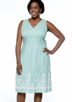 Connected Apparel Plus Size Sleeveless Embroidered Border Dress
