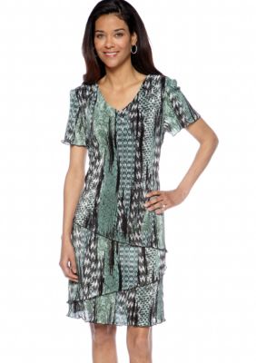 Connected Apparel Short-Sleeved Printed Tiered Shift Dress