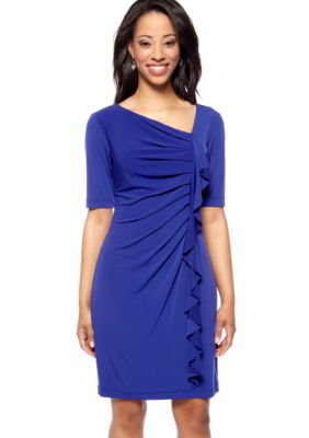 Connected Apparel Petite Elbow-Sleeved Ruffle Front Dress