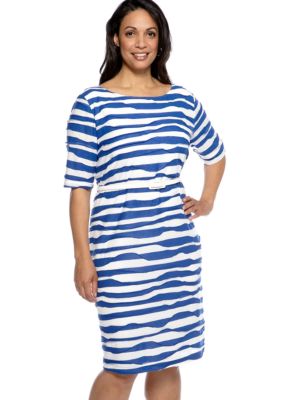 Connected Apparel Plus Size Elbow Sleeved Stripe Shift Dress