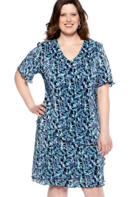 Connected Apparel Plus Size Short-Sleeved Pleated Tier Dress