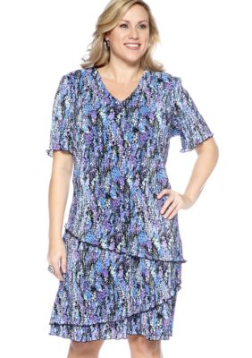 Connected Apparel Plus Size Short-Sleeved Pleated Tiered Dress