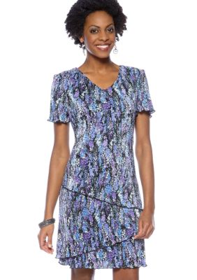 Connected Apparel Petite Short-Sleeved Pleated Tiered Dress