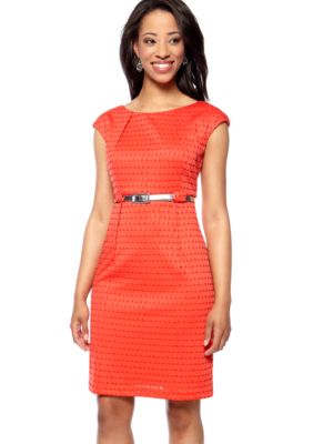 Connected Apparel Petite Cap-Sleeved Burnout Matte Jersey Belted Dress