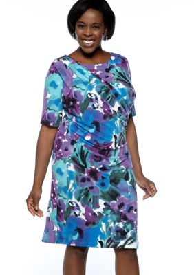 Connected Apparel Plus Size Elbow-Sleeved Printed Sheath Dress