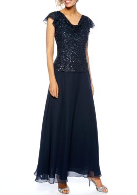 JKARA Flutter Sleeved Cowl Neck Beaded and Sequins Gown