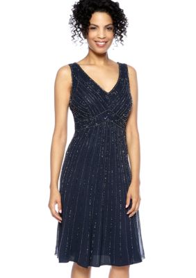 JKARA Sleeveless Beaded V-Neck Dress with Scarf