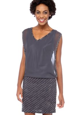 JKARA Chiffon Blouson Beaded Dress