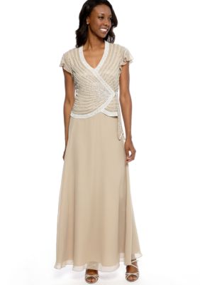 JKARA Flutter-Sleeved V-Neck Gown with Beaded Detail
