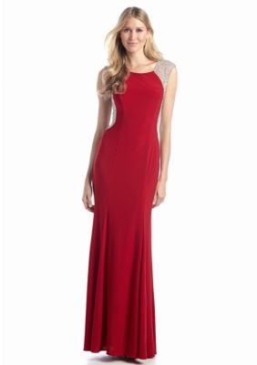 Xscape Cap Sleeve Gown with Bead Embellishment