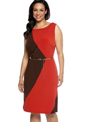 Sandra Darren Plus Size Sleeveless Colorblock Dress with Chain Belt