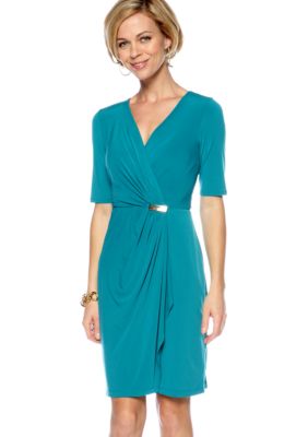 Sandra Darren Elbow-Sleeved Crossover V-Neck Dress
