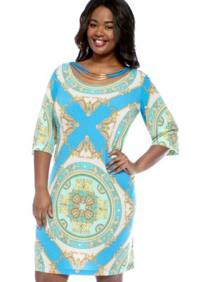 Studio 1 Plus Size Elbow Sleeve Medallion Print Dress