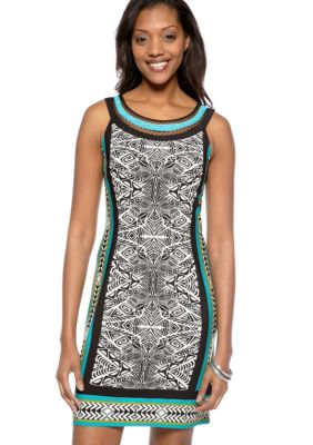 Sandra Darren Plus Size Sleeveless Printed Dress with Embroidery