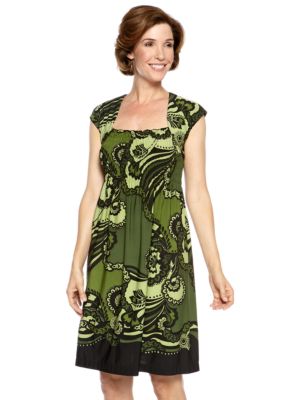 Perceptions Cap-Sleeved Printed Dress with Smocking