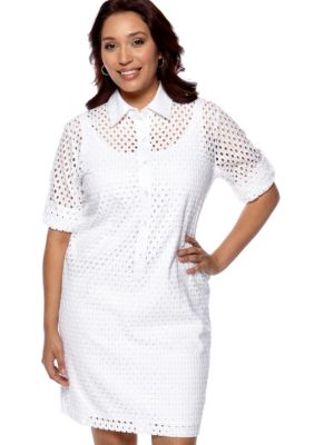 Chelsea Suite Plus Size Three-Quarter Sleeved Eyelet Shirt Dress 