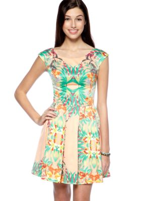 Fire Short Sleeve Tropical Print Dress