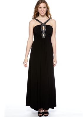Ignite Halter Crisscross Straps Beaded Detail Gown