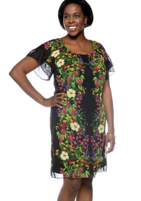 Chris McLaughlin Plus Size Flutter-Sleeved Printed Shift Dress