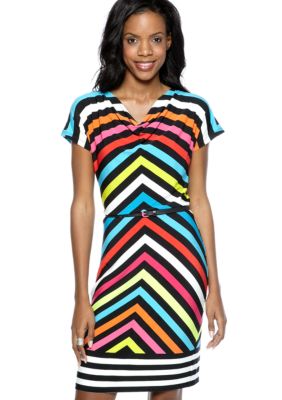 Calvin Klein Dolman Sleeve Stripe Belted Dress