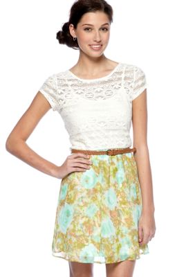 As U  Wish Cap Sleeve Lace and Chiffon Belted Dress