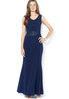 Lauren Ralph Lauren Cap-Sleeved Matte Jersey Beaded Gown