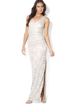 Lauren Ralph Lauren Metallic Shirred Column Gown