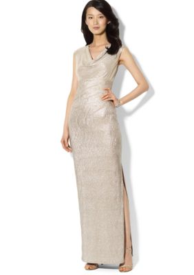 Lauren Ralph Lauren Cap-Sleeved Metallic Cowl Neck Gown 