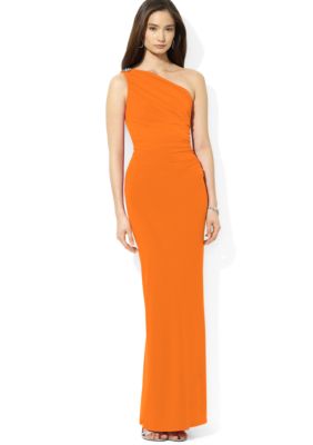 Lauren Ralph Lauren Floor-Length One-Shoulder Brooch Dress