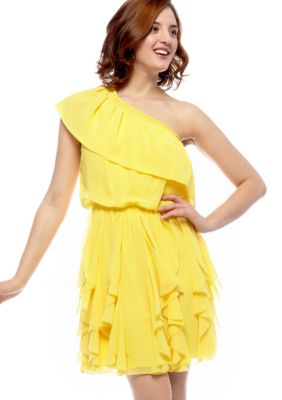 Jessica Simpson Sheer One Shoulder Ruffle Dress