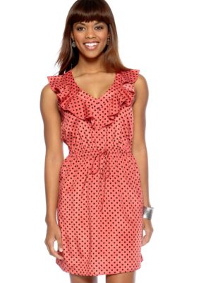 BeBop Sleeveless V Neck Ruffle Polka Dot Dress