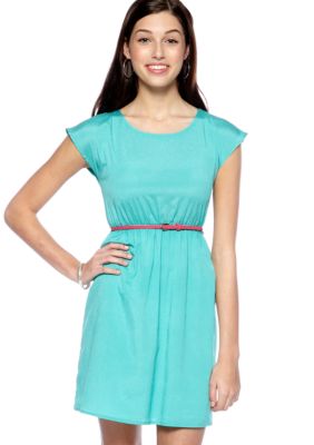 BeBop Solid Boat Neck Extended Shoulder Dress with Belt