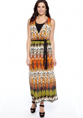 New Directions Sleeveless Printed Belted Maxi Dress
