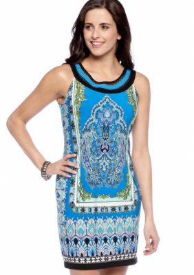 New Directions Sleeveless Printed Shift Dress with Sequins