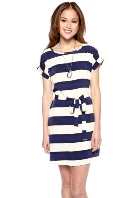 Pink Rose Wide Stripe Shirt Dress with Tie