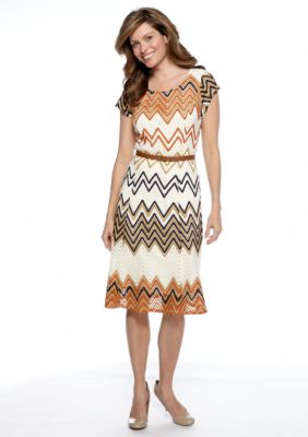 Sharagano Belted Zig Zag Knit A-Line Dress