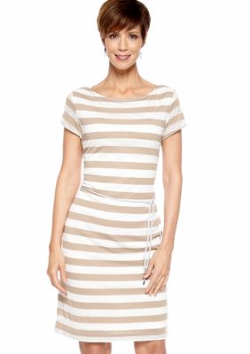 Sharagano Petite Cap-Sleeved Stripe Belted Dress
