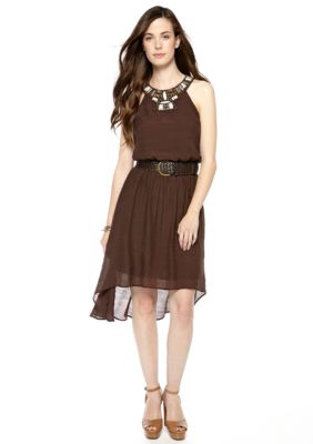 Luxology Halter Hi-Lo Belted Dress with Embellished Neckline