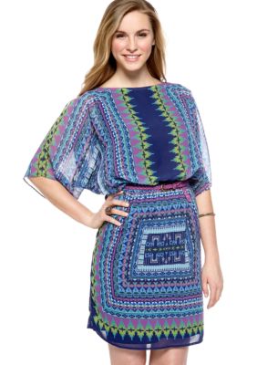 Luxology Dolman Cold Shoulder Printed Belted Dress