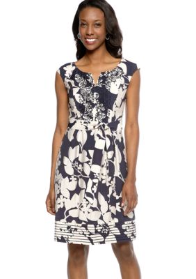 Adrianna Papell Cap-Sleeved Fit and Flare Printed Dress