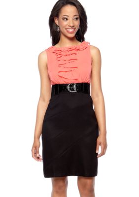 AGB Petite Sleeveless Ruffle Front Belted Dress