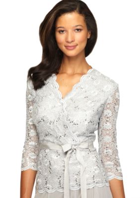 Three-Quarter Sleeved Allover Lace Blouse with Tie Belt
